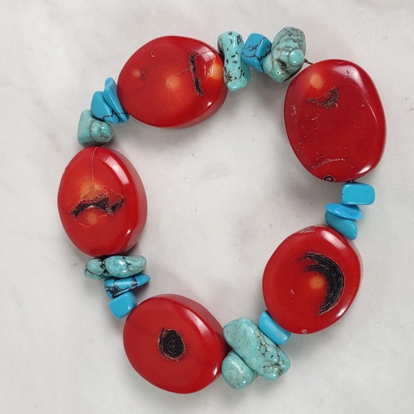 Coral/Turquoise Stretch Bracelet - Picture 4 of 5
